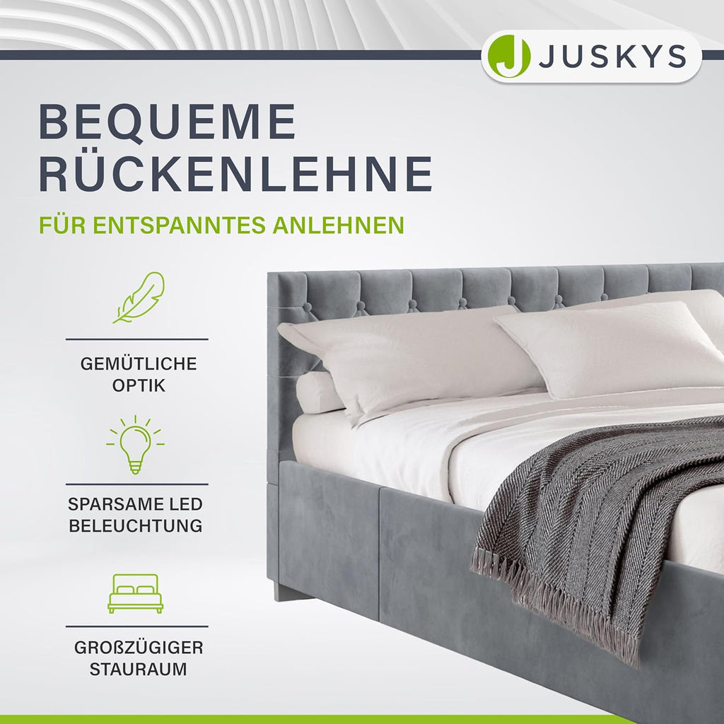 Cama tapizada Juskys Nizza 180x200 cm con colchón, estructura de cama con somier, almacenamiento y luz LED, tapizado de terciopelo, capitoné estilo Chesterfield, gris