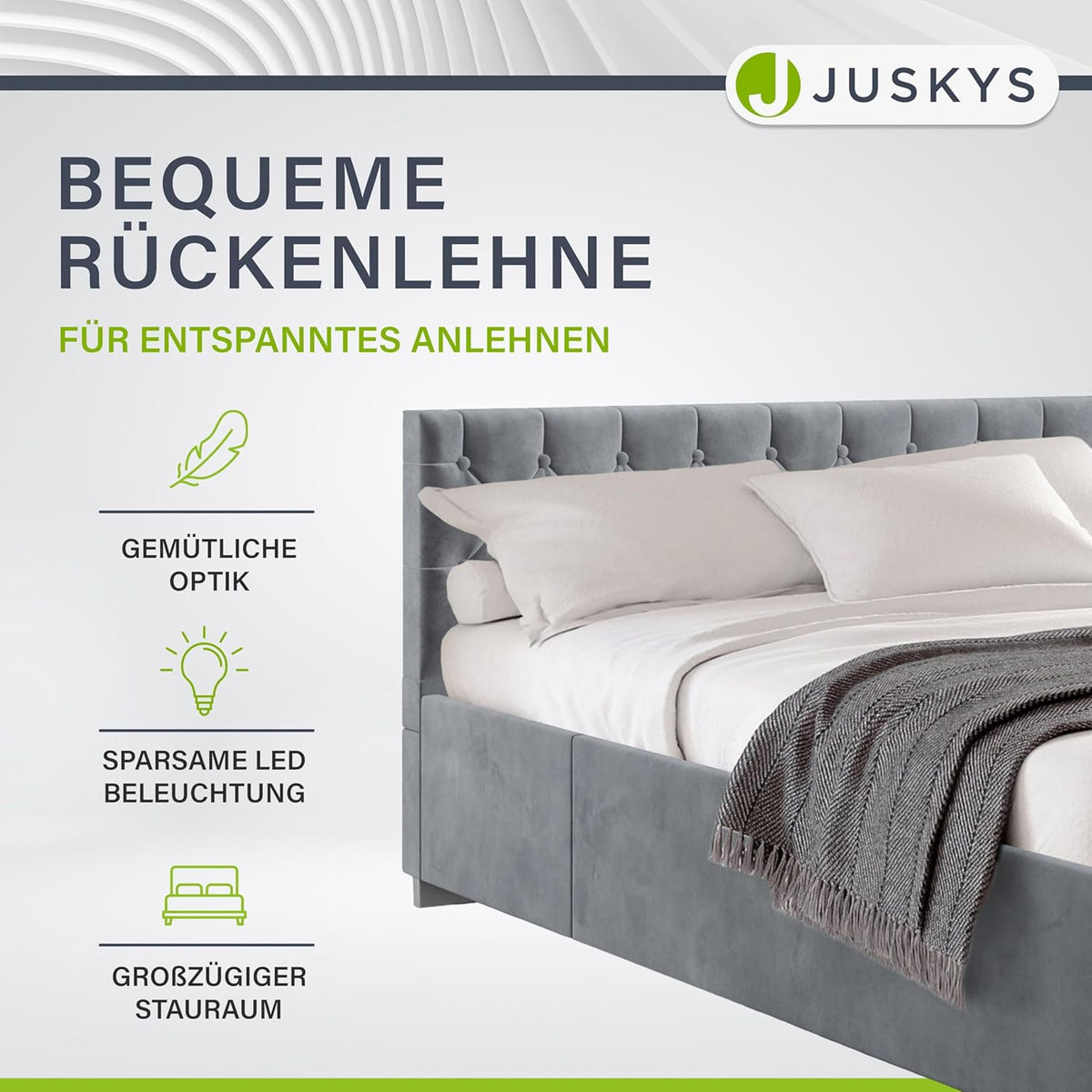 Cama tapizada Juskys Nizza 180x200 cm con colchón, estructura de cama con somier, almacenamiento y luz LED, tapizado de terciopelo, capitoné estilo Chesterfield, gris
