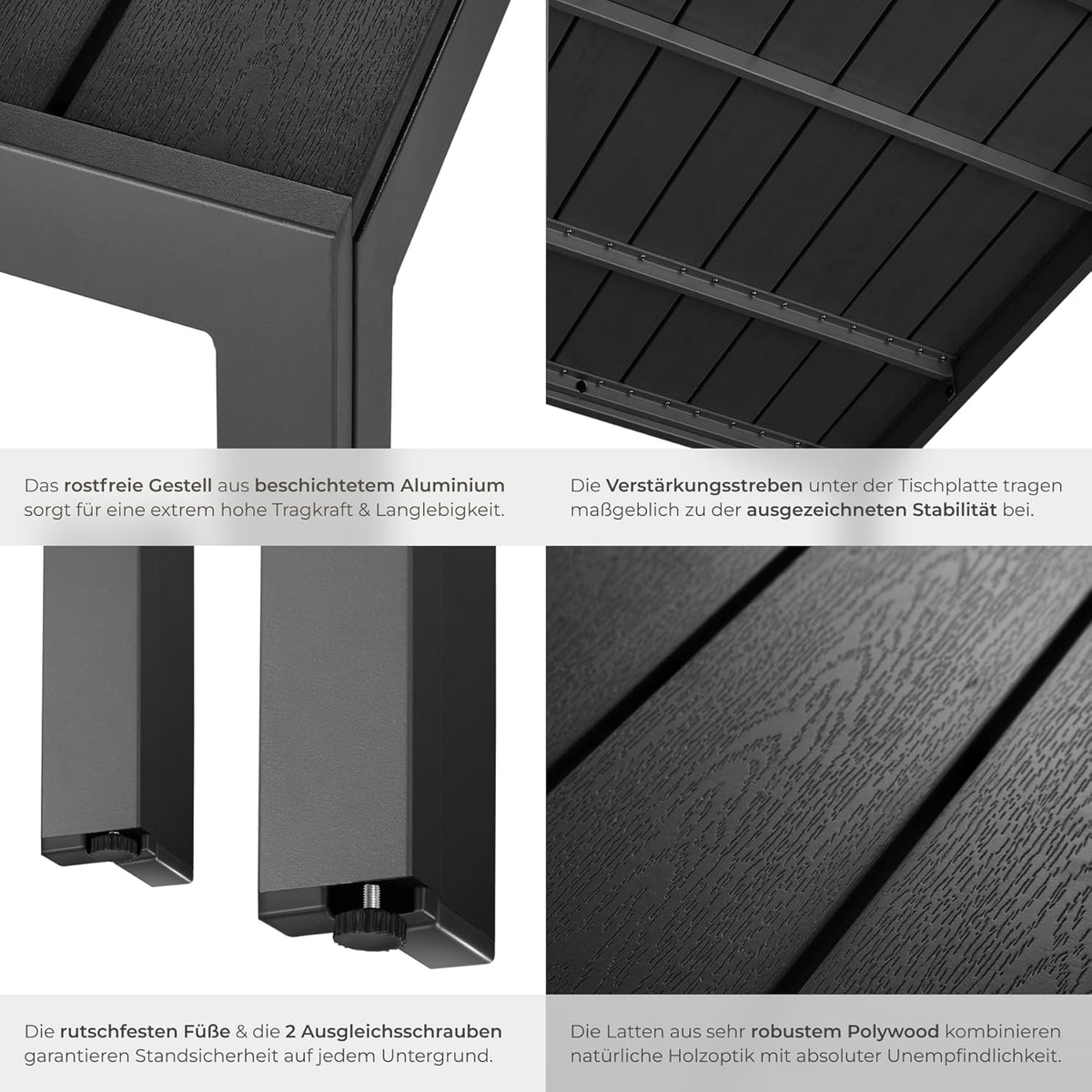 tectake® Mesa de jardín, mesa de comedor exterior, mesa de balcón con aspecto de madera, mesa de terraza con marco de aluminio, muebles de jardín resistentes a la intemperie, 90x90x74,5 cm, mesa para jardín, salón, conjunto de asientos - negro