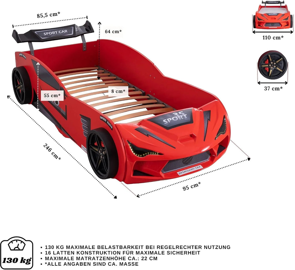 Łóżeczko dla dzieci Rio 90x200 z oświetleniem LED i spoilerem, w zestawie ze stelażem (bez materaca, kolor czerwony bez fotelików wyścigowych)