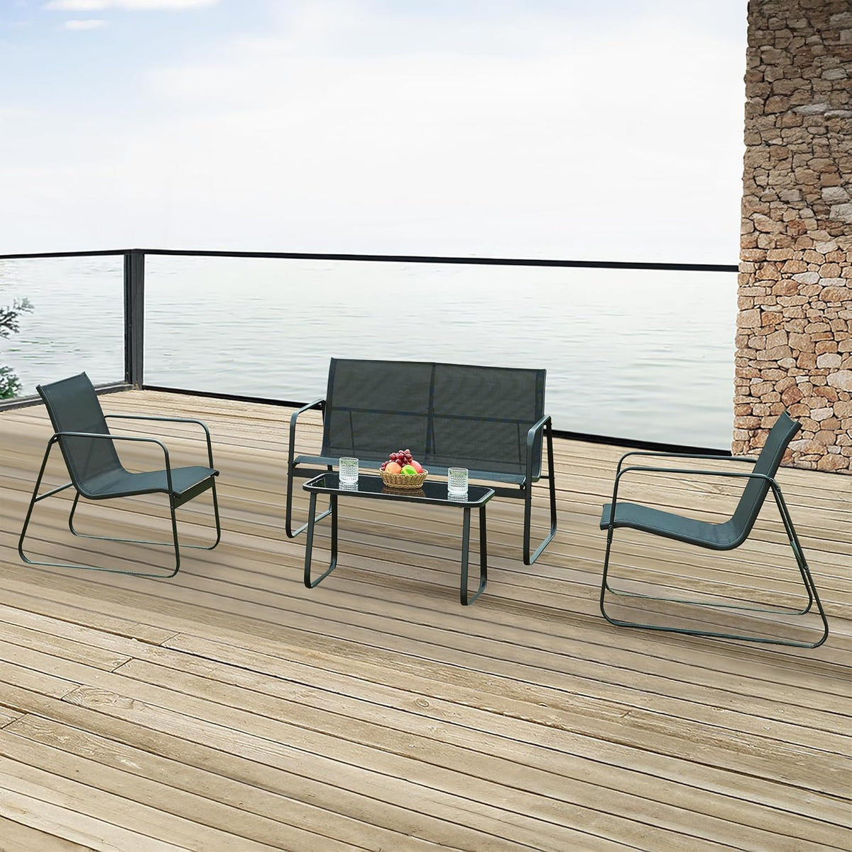 casa.pro Set de muebles de jardín Anzi 4 piezas. Conjunto de asientos para exteriores negro, juego de muebles de balcón compuesto por 1 mesa, 1 banco, 2 sillas, conjunto de muebles de salón para terraza, resistente a la intemperie