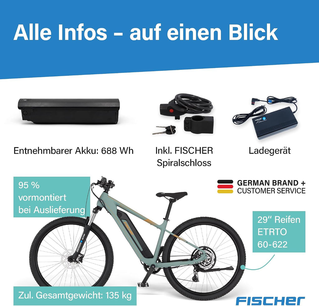 Bicicleta eléctrica de montaña (MTB) Fischer Montis 2.2 Active para hombre y mujer, talla de cuadro 49, motor trasero de 50 Nm, batería de 48 V