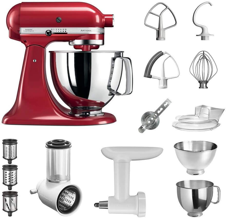 Robot de cocina KitchenAid Artisan con cortador de verduras, picadora de carne y muchos accesorios, 5KSM175PSEER (Rojo imperio)