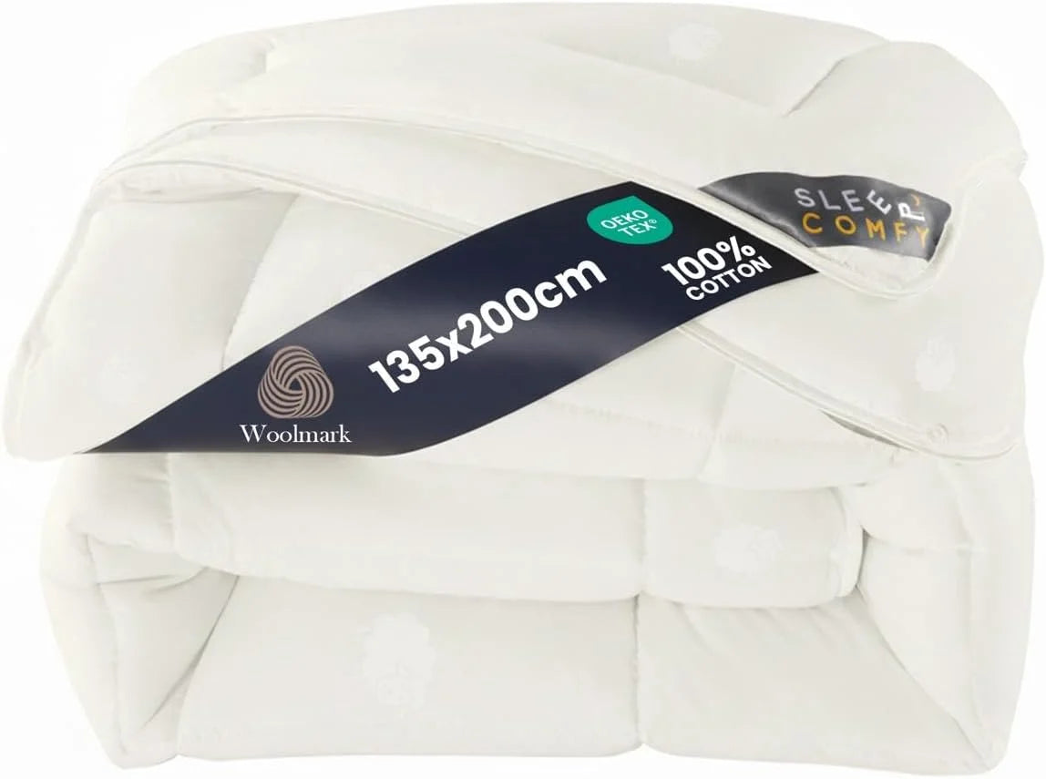 SLEEP COMFY Kołdra całoroczna 3 w 1, 100% australijska żywa wełna, przyjazna alergikom i lekka wełna, pikowana kołdra 135 x 200 cm, certyfikat Oeko-TEX