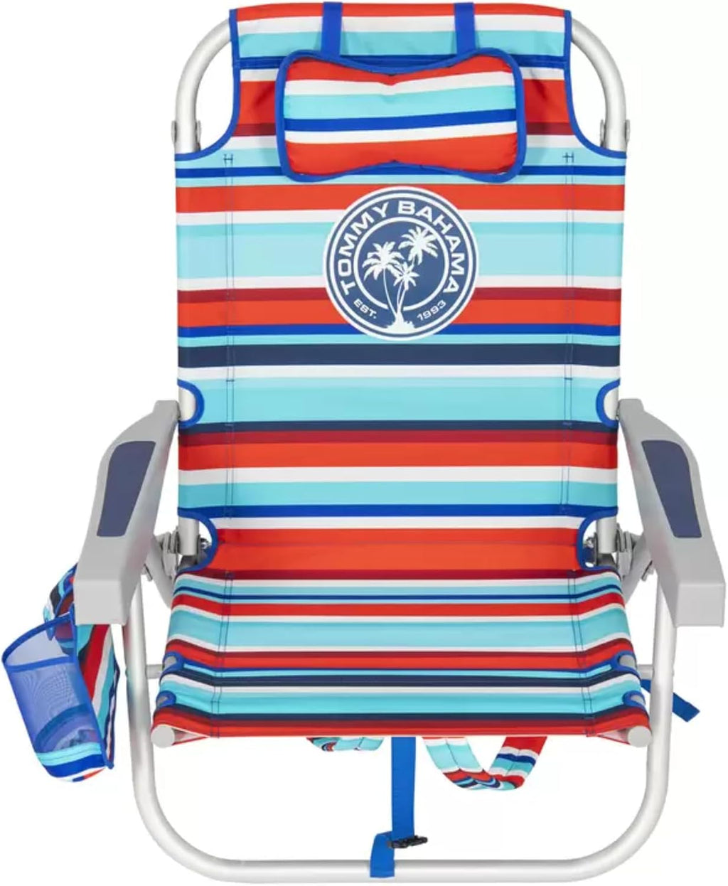 Silla de playa Tommy Bahama modelo 2025. A rayas rojas y azules.