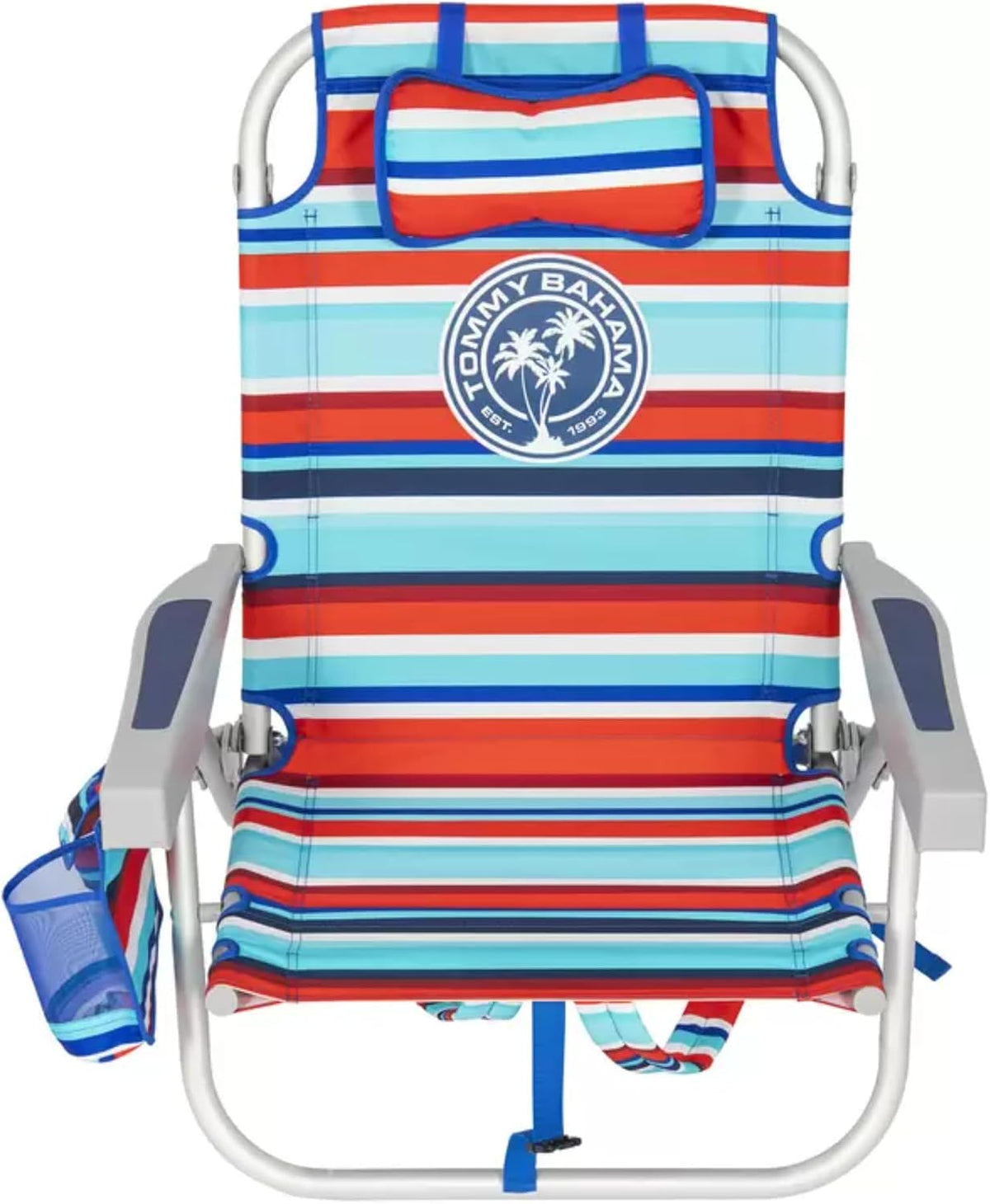 Silla de playa Tommy Bahama modelo 2025. A rayas rojas y azules.
