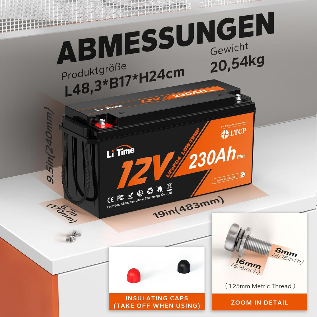 Batería Litime 12V 230Ah Plus LiFePO4 con protección a baja temperatura, BMS integrado de 200A, energía máx. de 2944Wh, batería de litio-ferrofosfato perfecta para autocaravanas, camping, sistemas solares, barcos y almacenamiento de energía doméstico.
