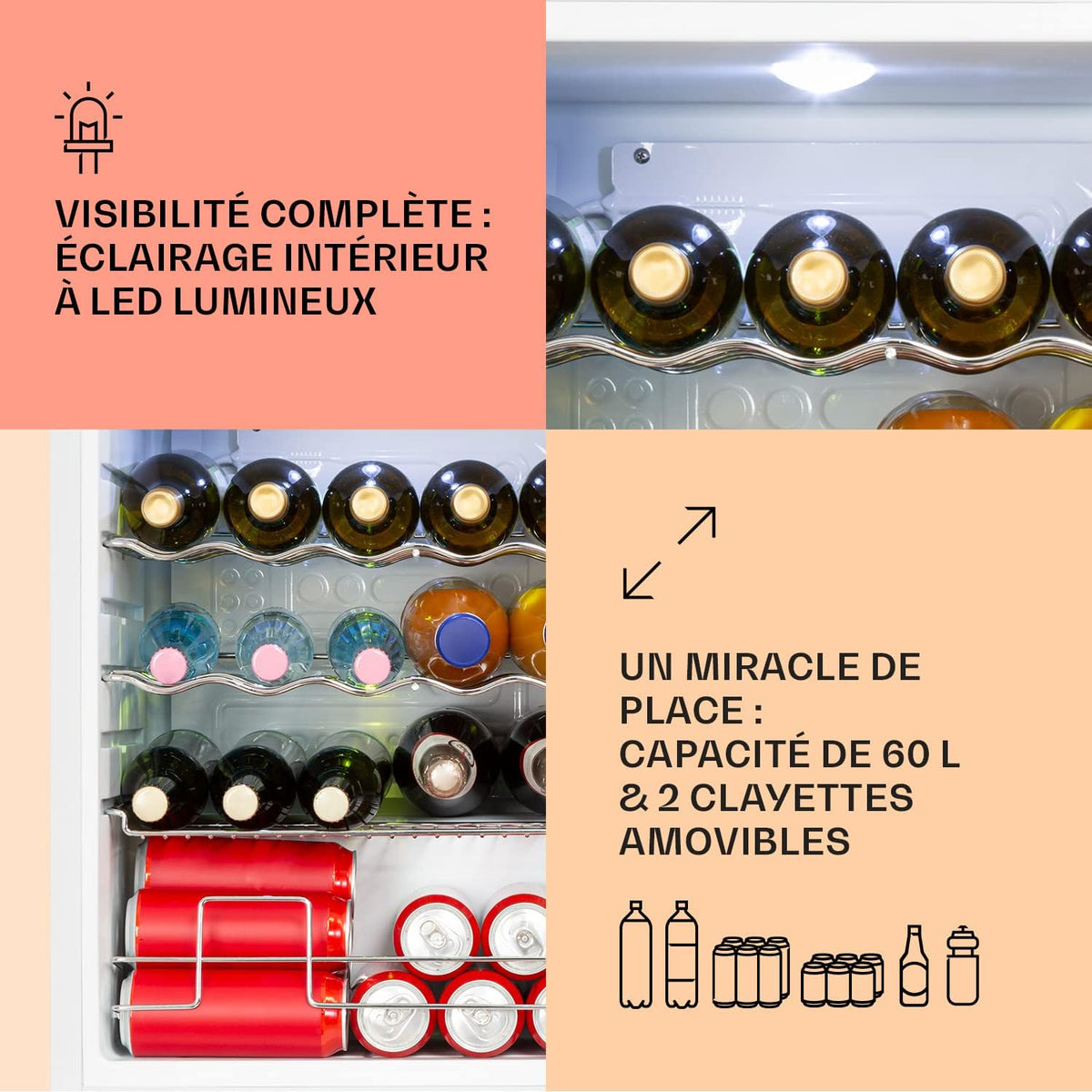 KLARSTEIN Mini nevera para dormitorio y oficina, nevera pequeña silenciosa, mini bar refrigerador de 60 L, frigorífico pequeño para camping, estantes ajustables, ondulados para vino, latas, nevera para cerveza