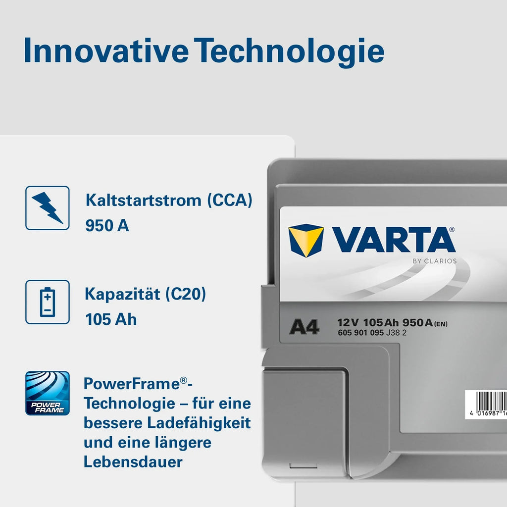 Batería VARTA Silver Dynamic AGM A4 Start-Stop xEV 12V 105Ah 950A, batería de arranque para coches con altas necesidades energéticas