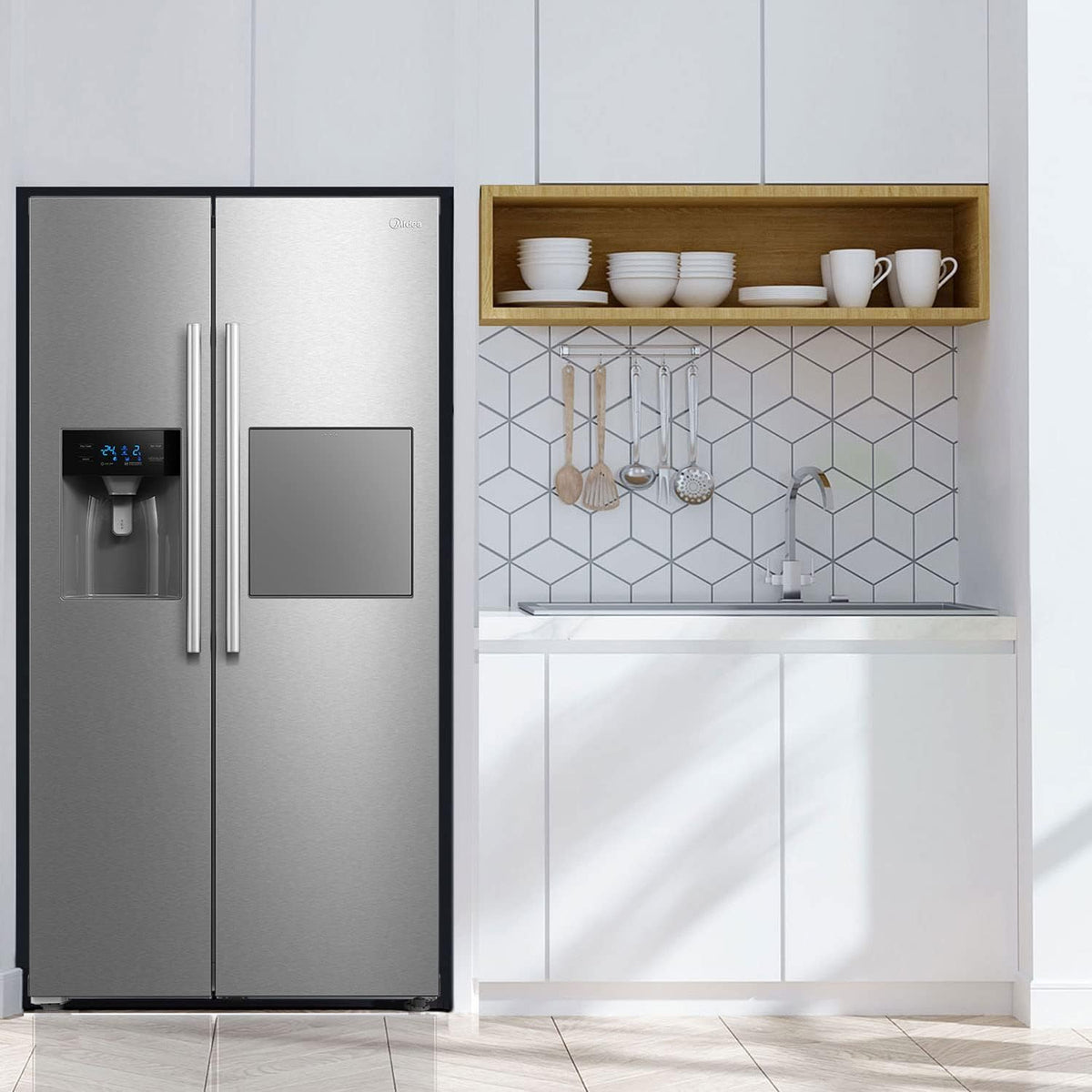 Midea KS-DDX 6.32 WT Frigorífico americano / 178,8 cm de altura / 254 kWh/año / No Frost / Compresor Dual Inverter / con dispensador de agua/hielo 3 en 1 y depósito de agua, Dark Inox