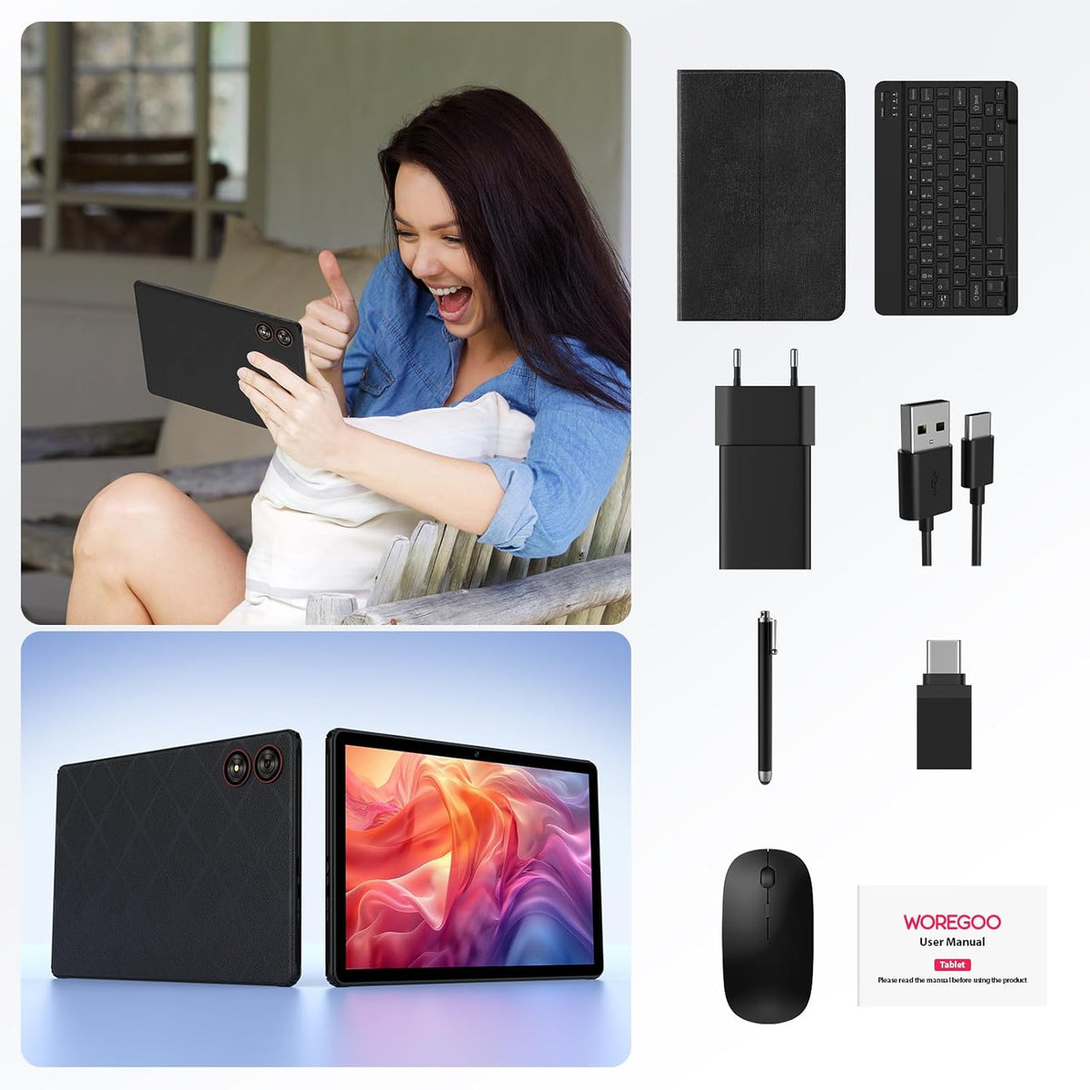 Tableta Android 15 de 11 pulgadas, 4G LTE y WiFi 5G, Octa-Core, 36 GB RAM+512 GB ROM (1 TB TF), pantalla HD, Widevine L1/8+13 MP/8000 mAh/GMS/GPS, con teclado y ratón (negro)