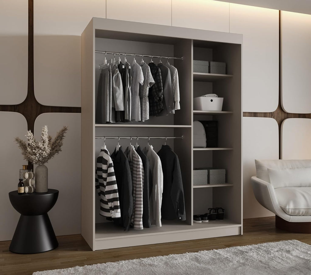 Kryspol - Armario de puertas correderas - Armario con espejo - Armario de 150 cm de ancho x 200 cm (alto) x 62 cm (fondo), 2 puertas, tablero de muebles laminado, armario de puertas correderas Rubino V4 150, color cachemira