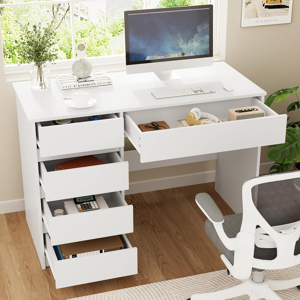 Escritorio VOWNER con 5 cajones, escritorio para computadora con almacenamiento, mesa de PC para habitación juvenil o dormitorio | Mesa de trabajo, 110x50x75 cm (blanco)