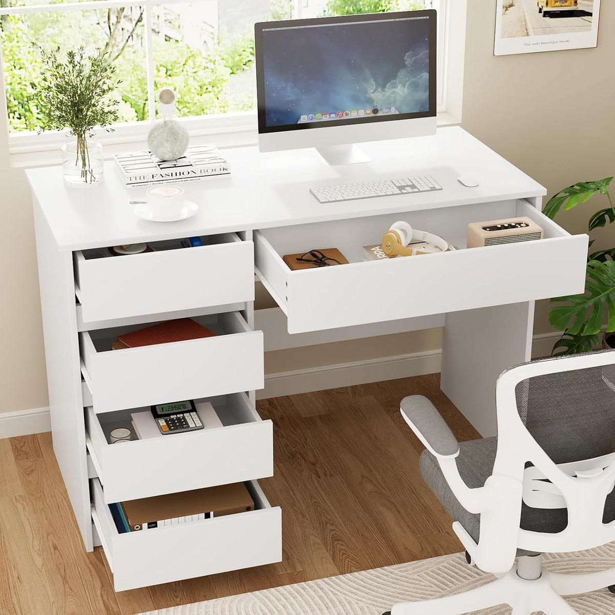 Escritorio VOWNER con 5 cajones, escritorio para computadora con almacenamiento, mesa de PC para habitación juvenil o dormitorio | Mesa de trabajo, 110x50x75 cm (blanco)