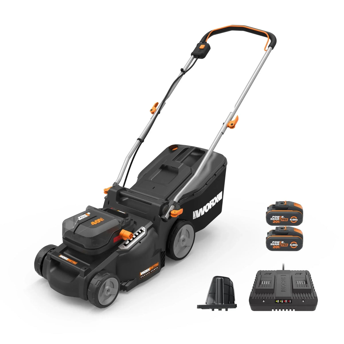 Cortacésped WORX WG737E Nitro 40V 2x20V sin escobillas, ancho de corte 37cm, 6 posiciones, saco recolector 40L, con 2 baterías 4Ah y cargador dual