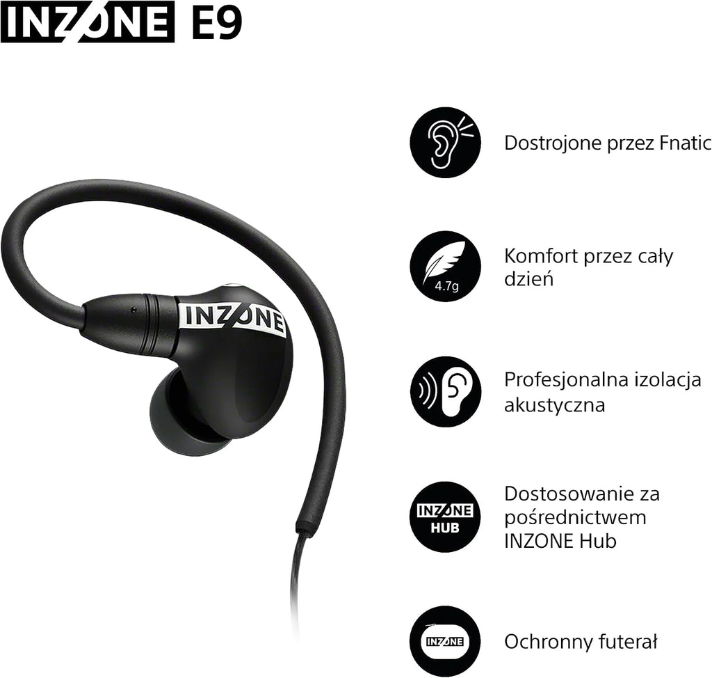 Sony INZONE E9 Słuchawki douszne gamingowe - dostrojone z Fnatic, lekkie, izolacja dźwięku, regulowany korektor, USB-C Audio Box, kabel 1,8 m, futerał, strumieniowanie z PC - czarne