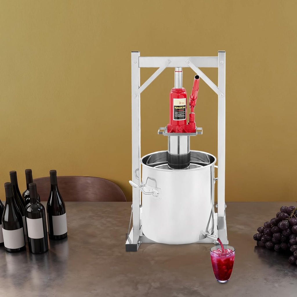 Prensa hidráulica para frutas de 12 L, prensa de acero inoxidable 304 con gato hidráulico de 3 T, exprimidor manual, cubo de filtro interior, prensa para vino, prensa para sidra, ideal para vino, mosto y zumos de frutas