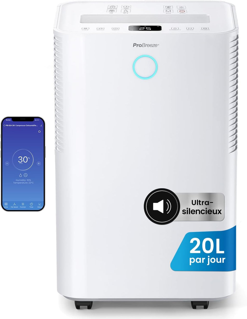 Deshumidificador de compresor inteligente Pro Breeze OmniDry 20L/día con depósito de agua de 4L, secado de ropa y sensor de humedad automático - Absorbedor de humedad, contra moho y condensación