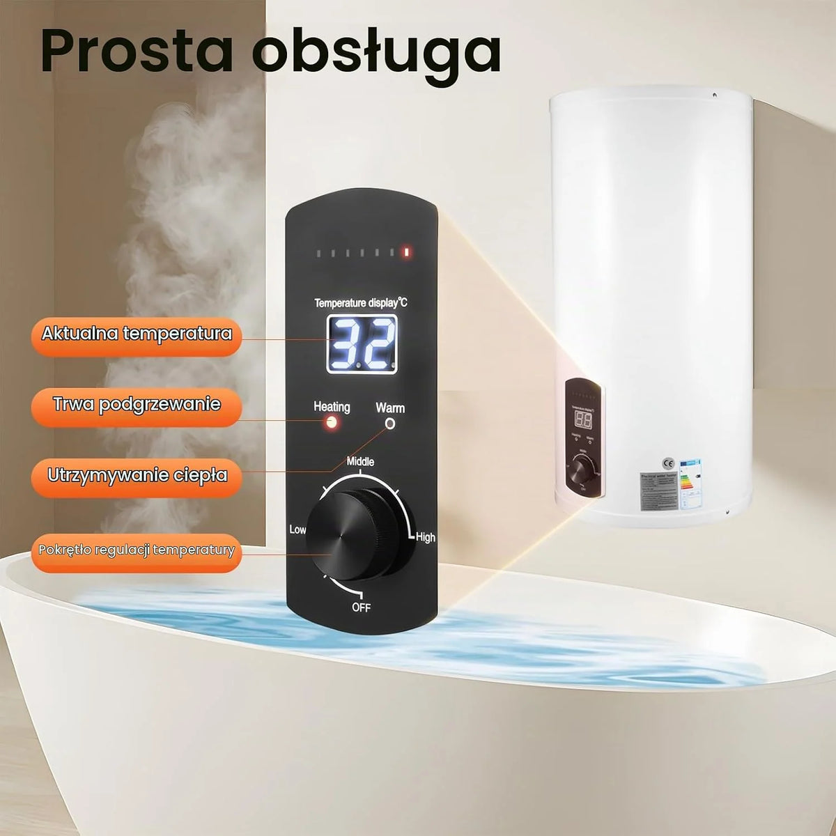 Elektryczny zbiornik ciepłej wody 220 V, zbiornik ścienny, podgrzewacz wody, wskaźnik temperatury, bojler elektryczny 2000 W (biały, 50 l)