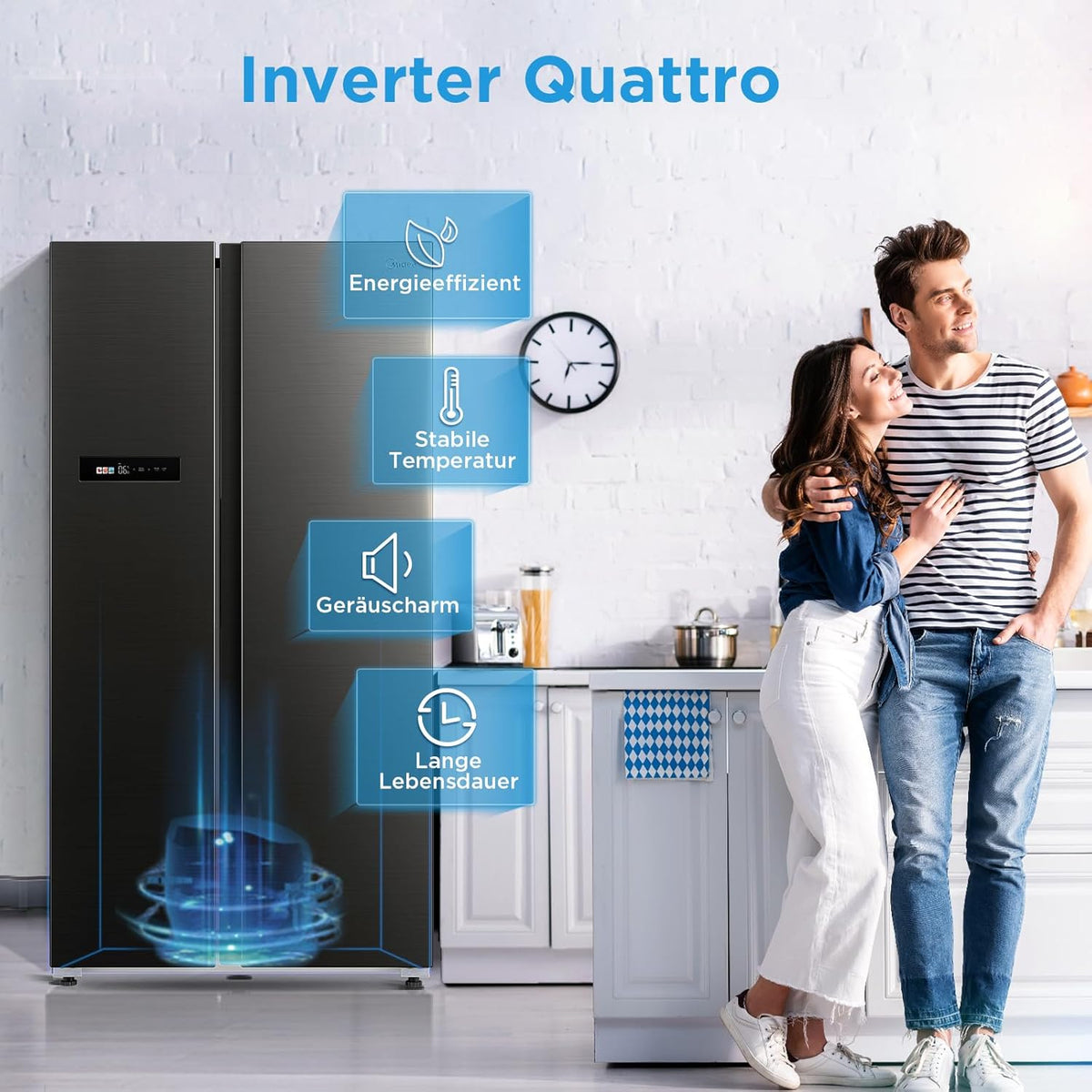 Midea KS-DDX 6.32 WT Frigorífico americano / 178,8 cm de altura / 254 kWh/año / No Frost / Compresor Dual Inverter / con dispensador de agua/hielo 3 en 1 y depósito de agua, Dark Inox