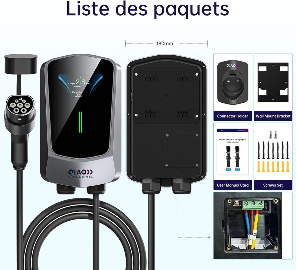 QIAO)) Cargador de vehículo eléctrico de 7,4 kW tipo 2 con cable de carga de 7 m, aplicación inteligente, pantalla LCD de 4,3", estación de carga para coche eléctrico de hasta 32 A, cargador tipo wallbox para montaje en pared con soporte para cable EV