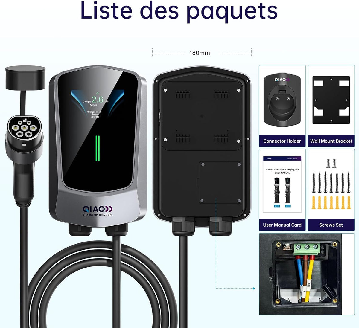 QIAO)) Cargador de vehículo eléctrico de 7,4 kW tipo 2 con cable de carga de 7 m, aplicación inteligente, pantalla LCD de 4,3", estación de carga para coche eléctrico de hasta 32 A, cargador tipo wallbox para montaje en pared con soporte para cable EV