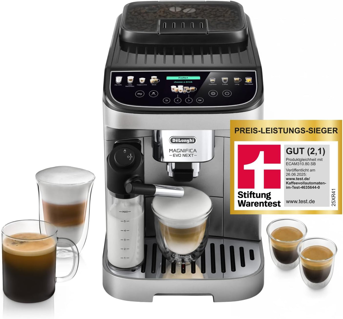 De’Longhi Magnifica Evo Next - Cafetera superautomática Perfetto con sistema de leche LatteCrema, 13 bebidas de un solo toque, cafetera para café y capuchino, pantalla táctil a color, titanio (ECAM312.80.SB)