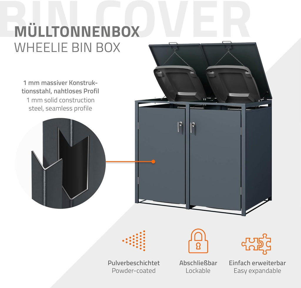 ML-Design Cobertizo para 4 cubos de basura de 240 L, 264x80x116,3 cm, antracita, acero, resistente a la intemperie, cerramiento bloqueable con tapa abatible/4 puertas, contenedor para cubos de basura, cubierta para cubos de basura