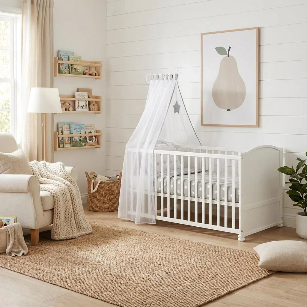 Juego de cuna roba Little Stars 70 x 140 cm, convertible y ajustable en altura, con textiles completos, diseño de estrellas, madera blanca