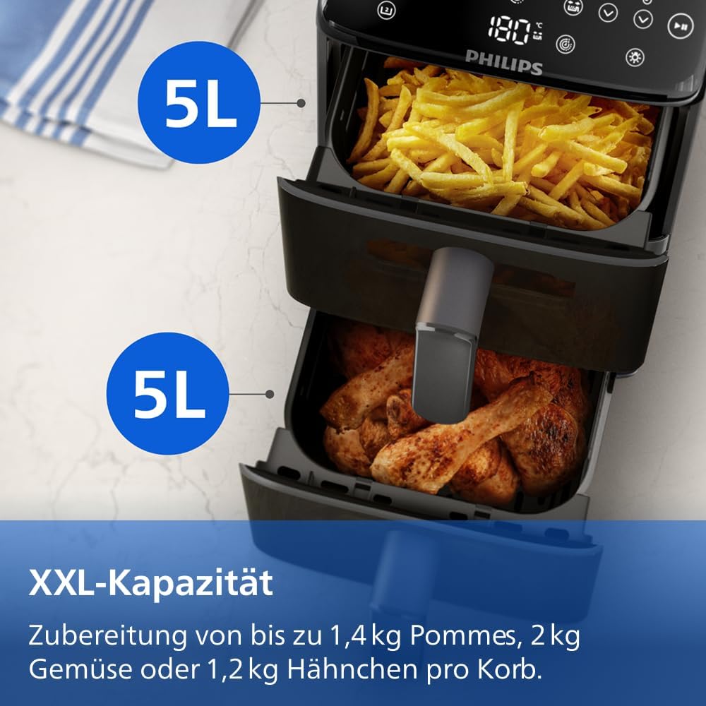 Philips Airfryer Serie 4000 de doble cesta apilada, freidora de aire de 2 compartimentos, 10 l, tecnología RapidAir, 45 % menos de espacio, revestimiento cerámico libre de PFAS, ventana de visualización (NA460/00)
