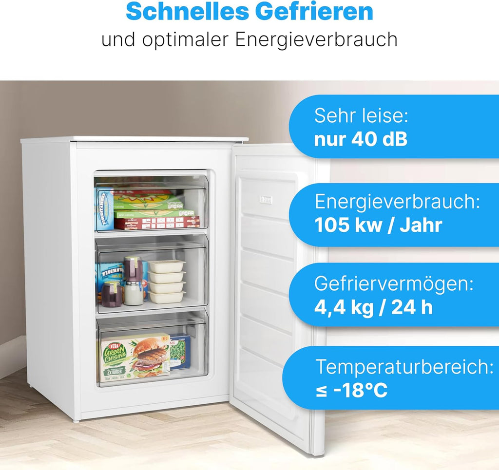 Congelador Bomann® 87 L | Congelador pequeño con rango de temperatura ≤ -18 °C | 3 cajones | Congelador con bisagra de puerta reversible | Congelador pequeño GS 7253 blanco