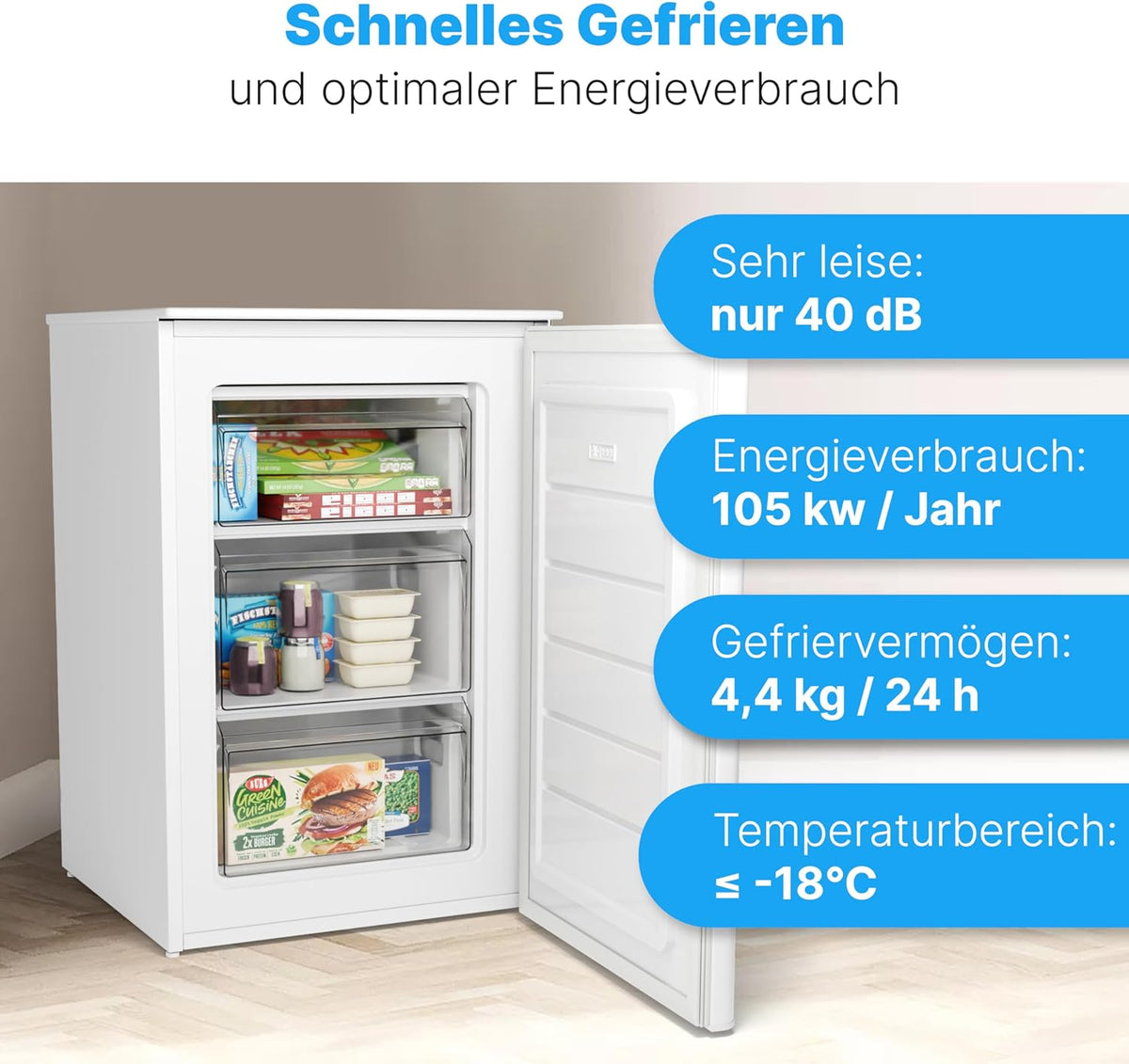 Congelador Bomann® 87 L | Congelador pequeño con rango de temperatura ≤ -18 °C | 3 cajones | Congelador con bisagra de puerta reversible | Congelador pequeño GS 7253 blanco