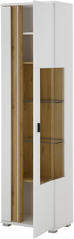 Set de mueble de salón Lomadox de 4 piezas, muebles de sala en blanco y roble, estilo moderno, incluye 1 vitrina, 1 armario alto, 1 mueble bajo, 1 estante de pared e iluminación LED.