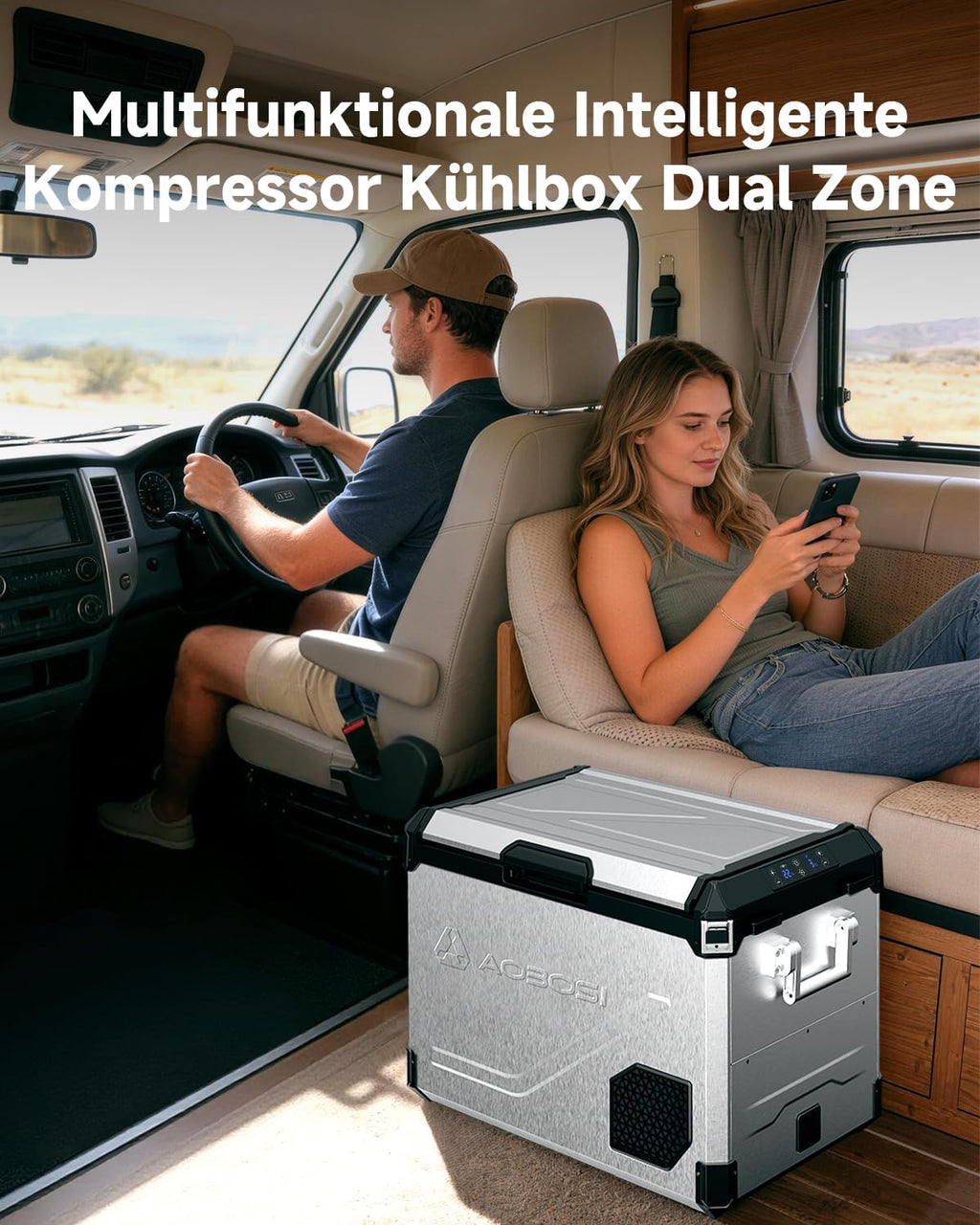 AAOBOSI Nevera de compresor de 45L con doble zona hasta -20℃, carcasa de acero inoxidable e interior de aluminio, 12/24V DC y 230V AC, nevera de compresor para coche, barco, camping y todoterreno