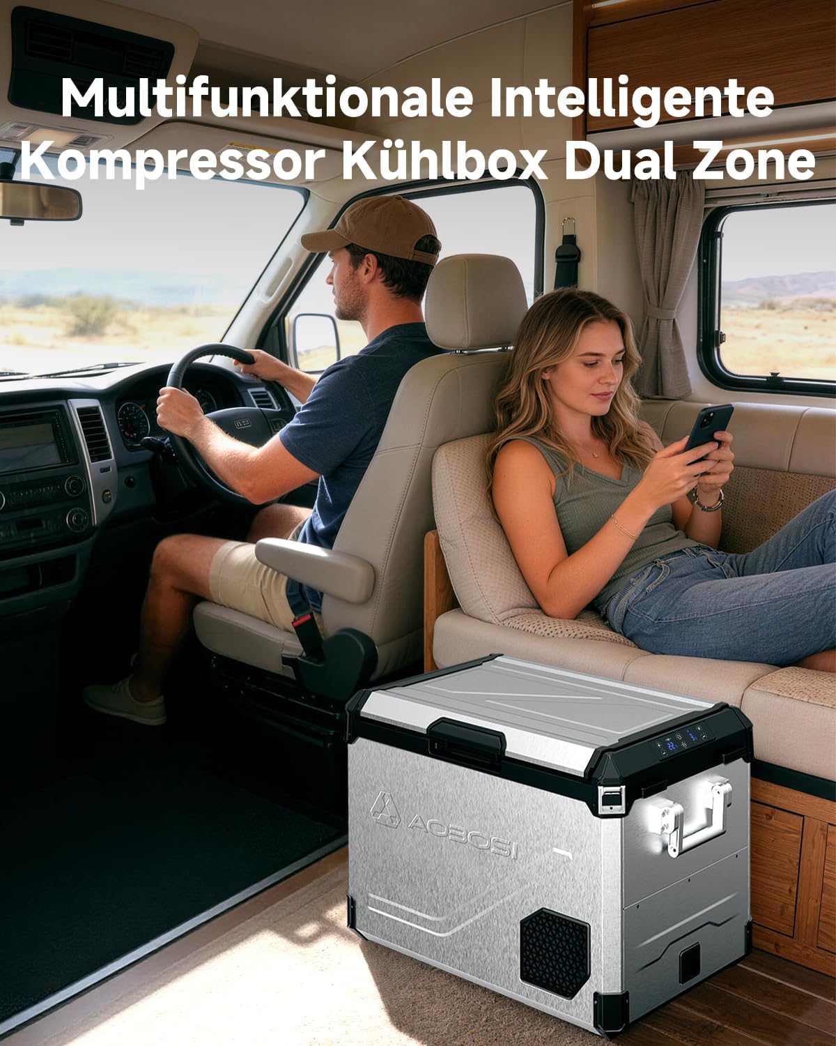 AAOBOSI Nevera de compresor de 45L con doble zona hasta -20℃, carcasa de acero inoxidable e interior de aluminio, 12/24V DC y 230V AC, nevera de compresor para coche, barco, camping y todoterreno