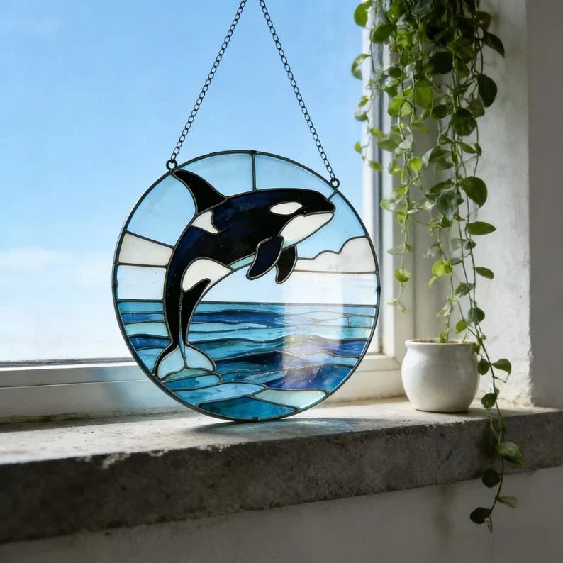 Atrapasol de cristal redondo con orca – Adorno para ventana, decoración oceánica, decoración costera y náutica