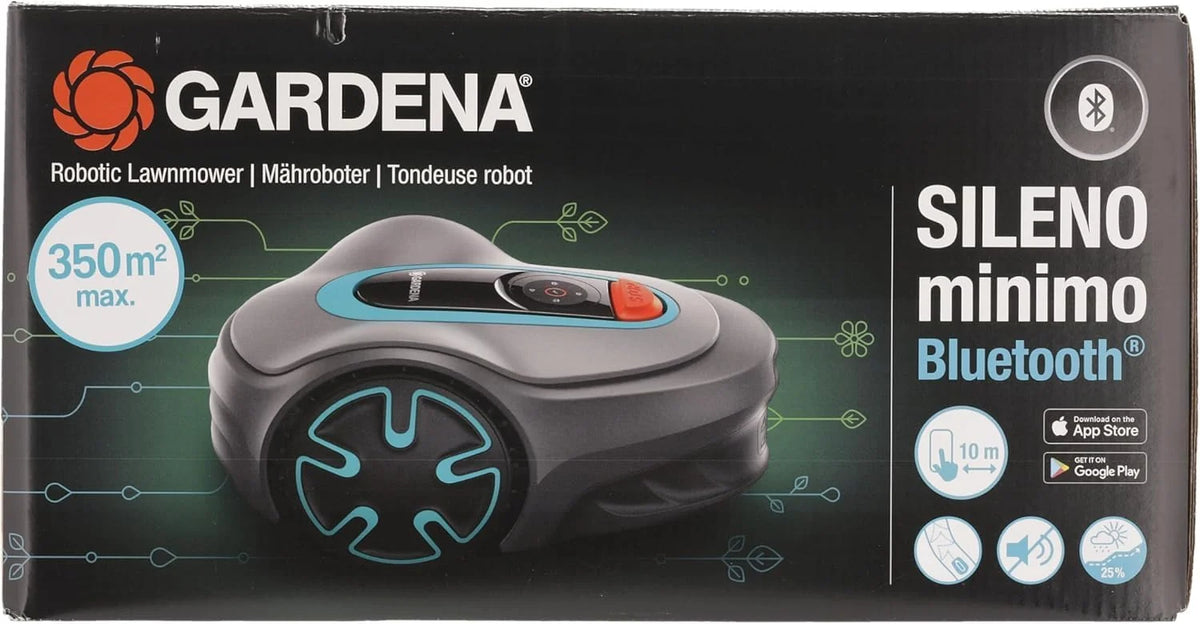 Gardena robot koszący SILENO minimo 350 zestaw: Robot koszący 350 m², sterowany przez aplikację Gardena Bluetooth, wysokość koszenia 20 do 45 mm, SilentDrive 15208-47, 350m