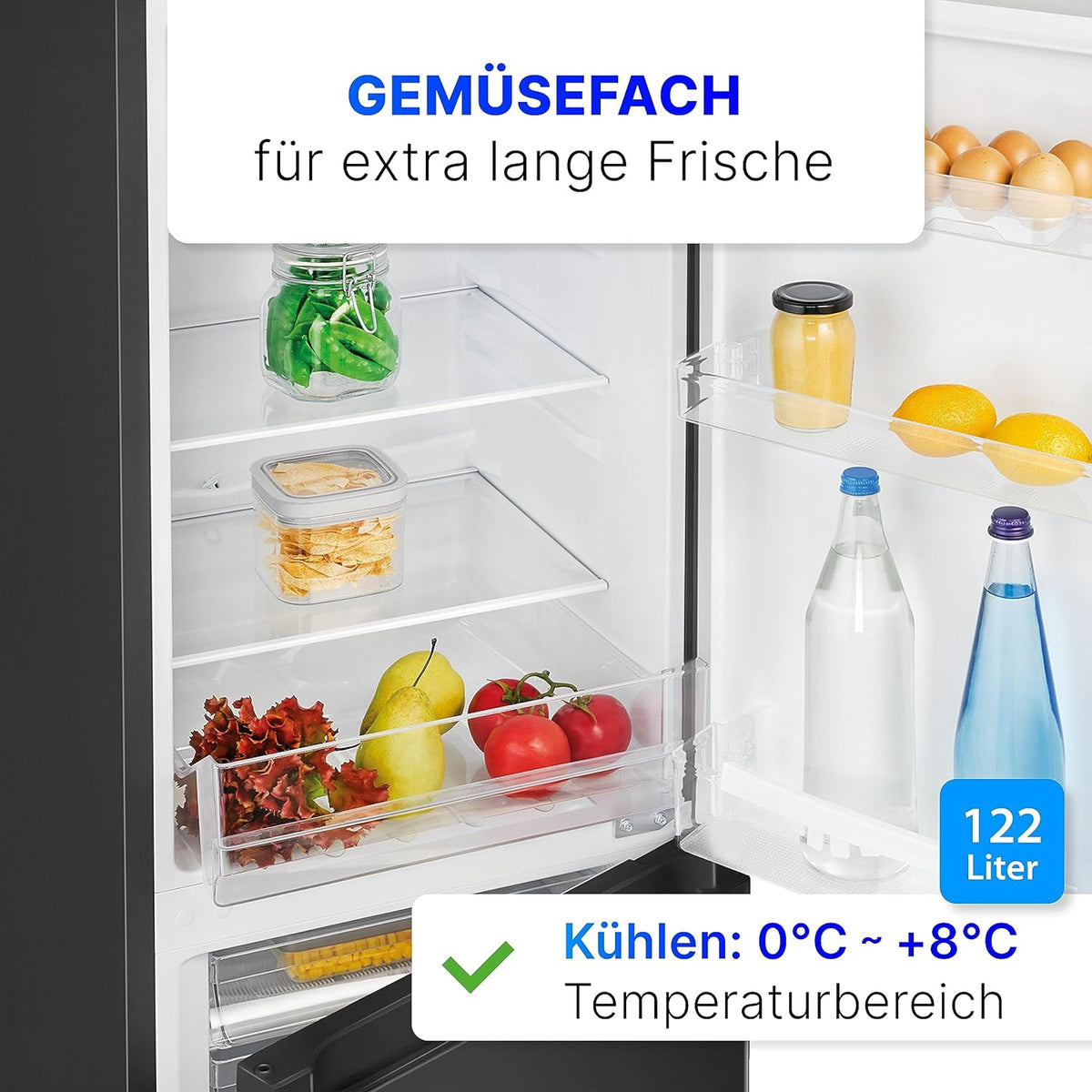 Refrigerador con congelador Bomann® de 143 cm de altura | Frigorífico combi de 175 L con 3 estantes y 3 cajones | Sentido de apertura de puerta reversible | Frigorífico combi silencioso de 39 dB | Frigorífico KG 322.1 aspecto inox