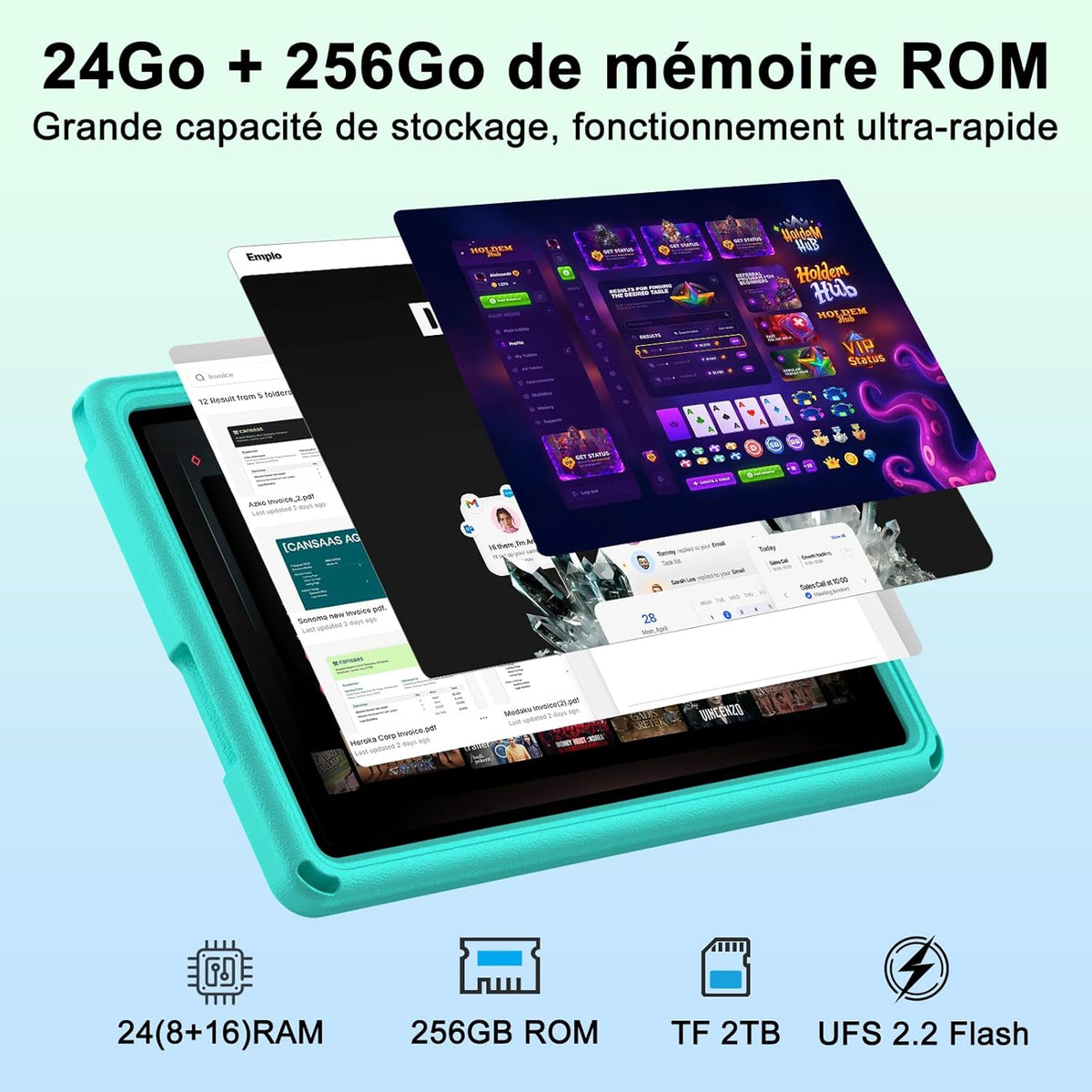 Tableta Android 15 de 2026 con funda protectora de silicona EVA, 24 GB + 256 GB/2 TB, tableta de 11 pulgadas octa-core, Gemini AI/Widevine L1, 8000 mAh, 13 MP + 5 MP, carcasa metálica, tableta grande para niños - Verde