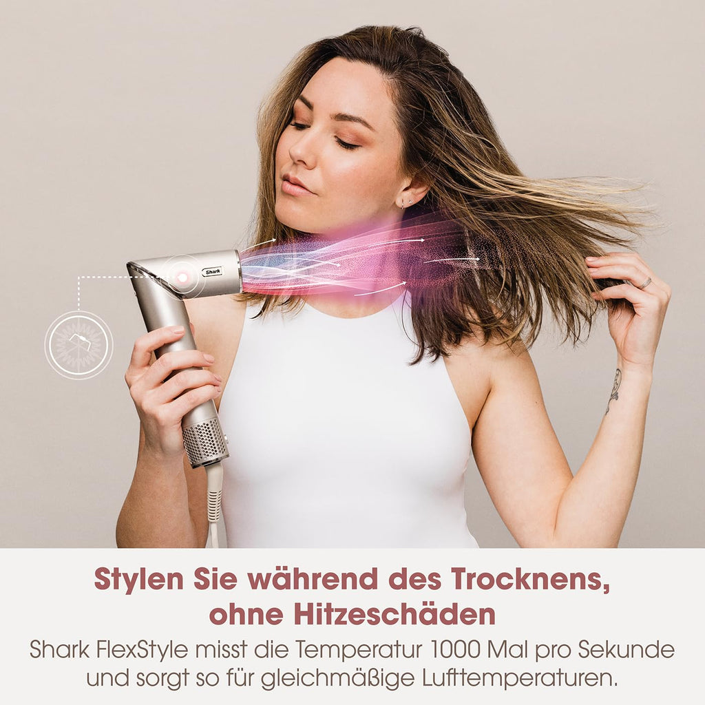 Shark FlexStyle 5 en 1, moldeador de aire y secador de pelo, accesorio rizador Auto-Wrap, cepillo plano, cepillo ovalado, concentrador, difusor, estuche de almacenamiento, sin daños por calor, negro/oro rosa, HD440EU