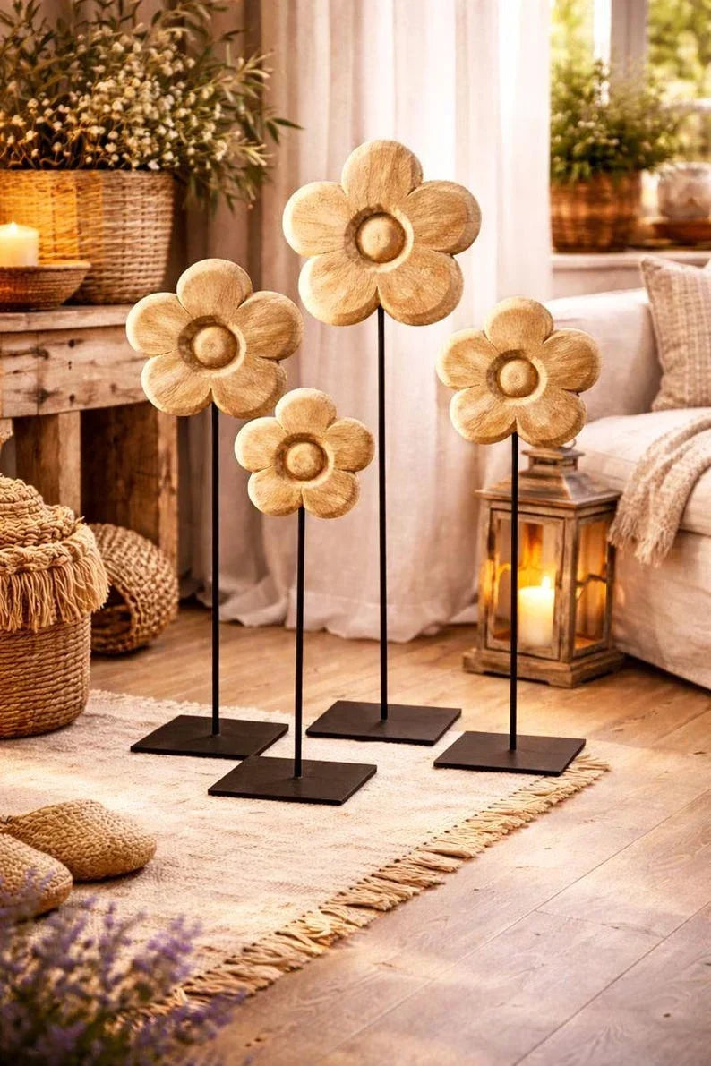 Flor de madera sobre soporte de metal 3 tamaños 130/90/50 cm decoración madera accesorio para el hogar