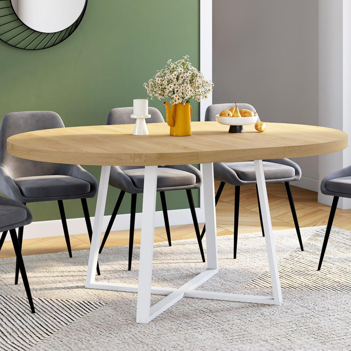 IDMarket - Mesa de comedor redonda extensible Selma de 4 a 8 personas, madera y blanco, 110-150 cm