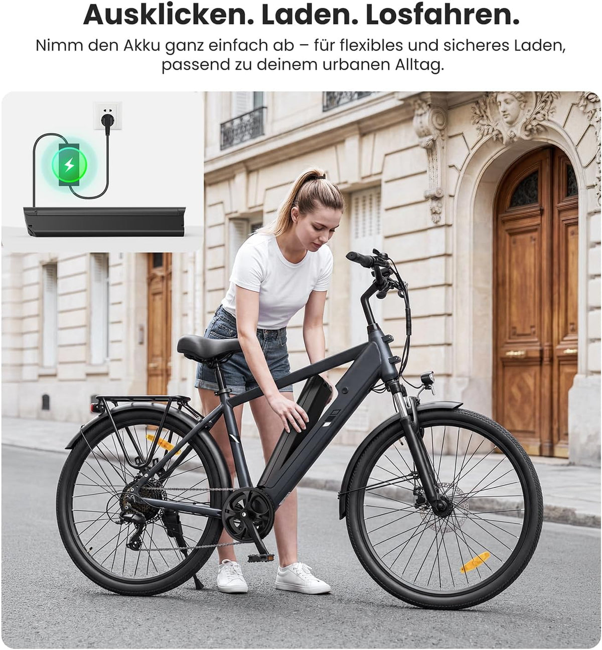 Bicicleta eléctrica Touroll J1 ST/J2 de 26'', bicicleta de trekking eléctrica para hombre y mujer con batería de 561,6 Wh, 100 km de autonomía, 250 W, bicicleta eléctrica con transmisión de 7 velocidades, pedelec, bicicleta urbana para adultos