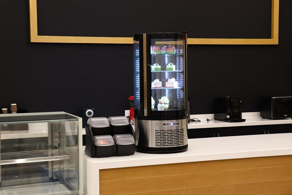 Vitrina refrigerada METRO Professional GRV1100, para hostelería, acero inoxidable/vidrio, 100 L, refrigeración por aire forzado, 490 W, indicador de temperatura,  descongelación automática, redonda, plateada, clase climática 6