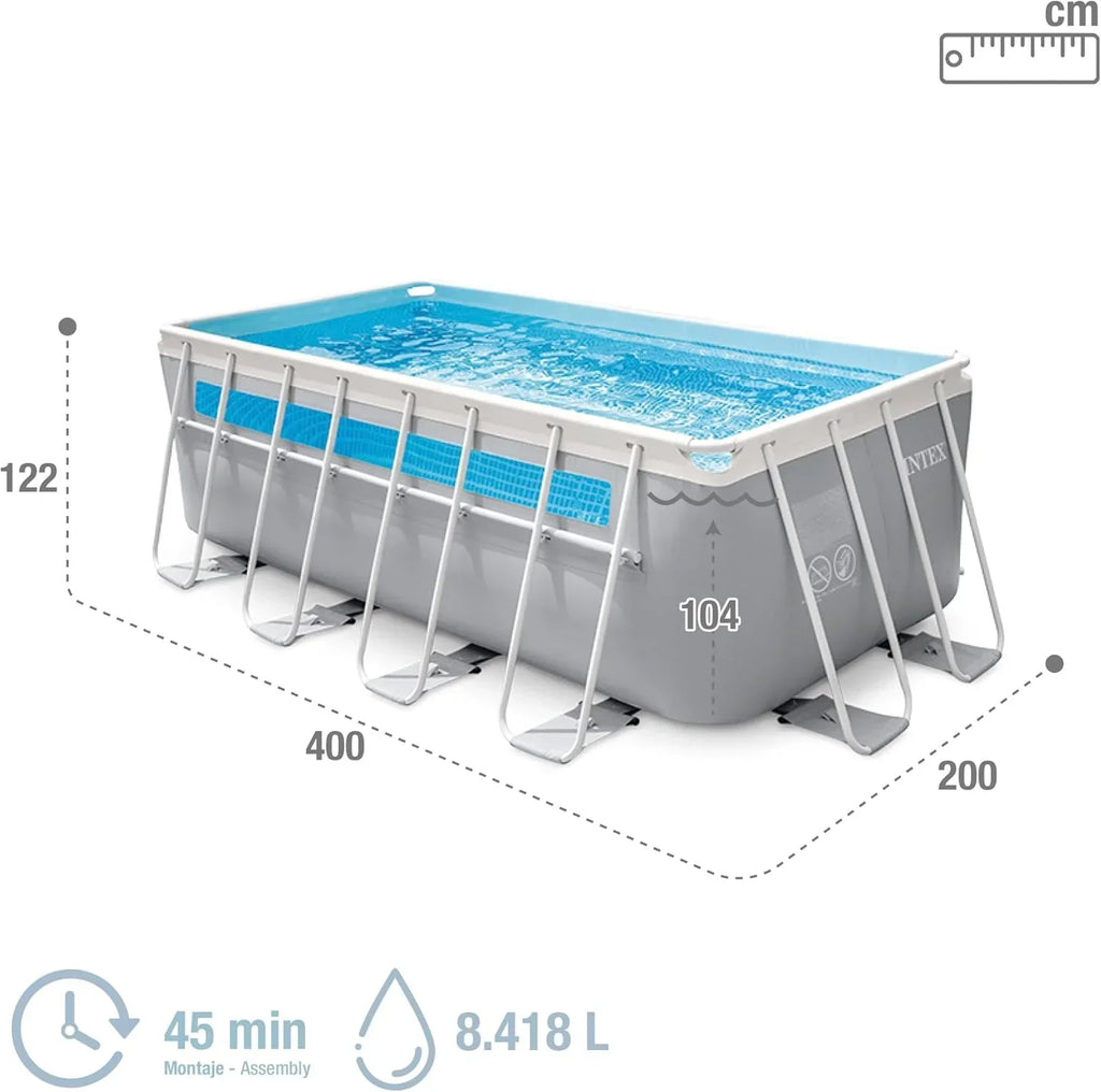 Piscina Desmontable Rectangular Intex Prism Frame, 400x200x122 cm, Material de Triple Capa, Capacidad 8.418 L, Ventana Panorámica, Tapiz, Cobertor, Depuradora de Cartucho, Escalera (56029)