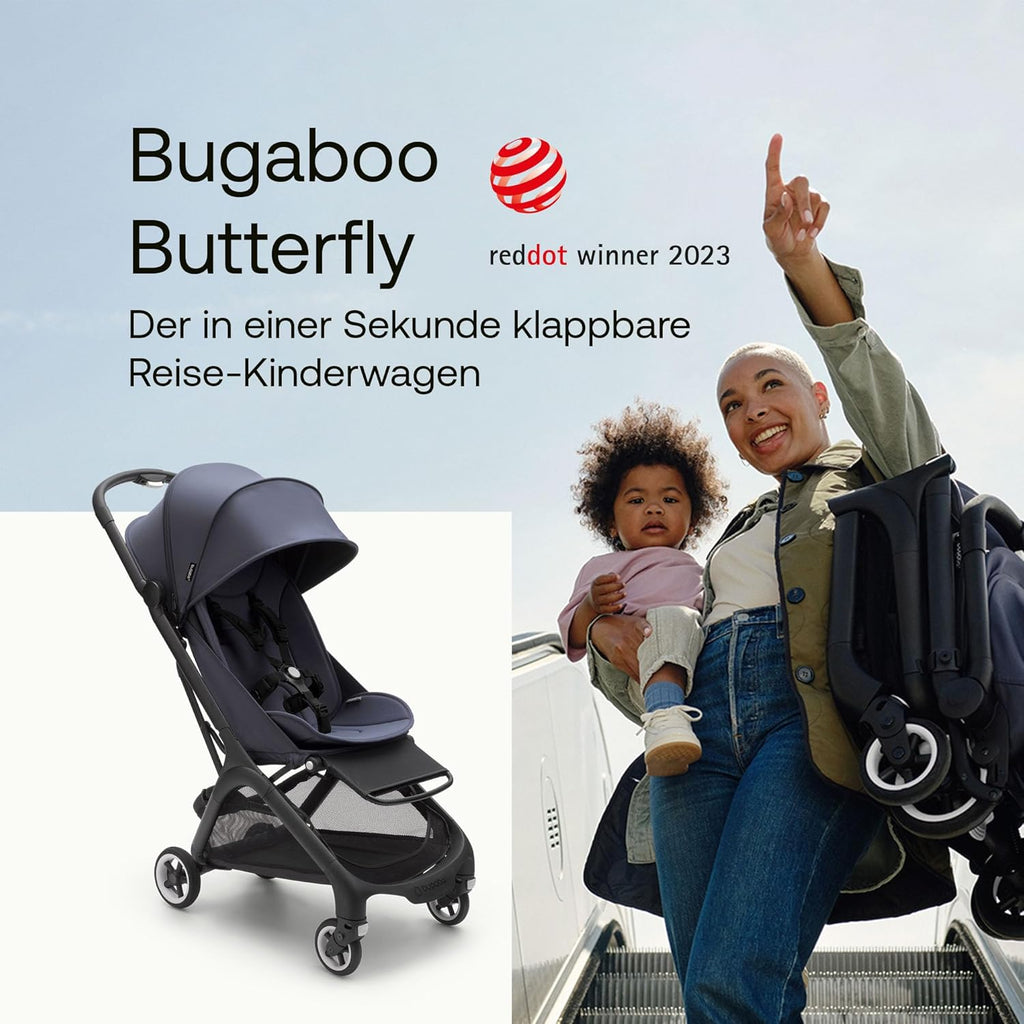 Cochecito de viaje ultracompacto Bugaboo Butterfly, pequeño y ligero, plegable con una sola mano y fácil de maniobrar, cochecito urbano ergonómico para bebés a partir de 6 meses, con mucho espacio de almacenamiento, Stormy Blue
