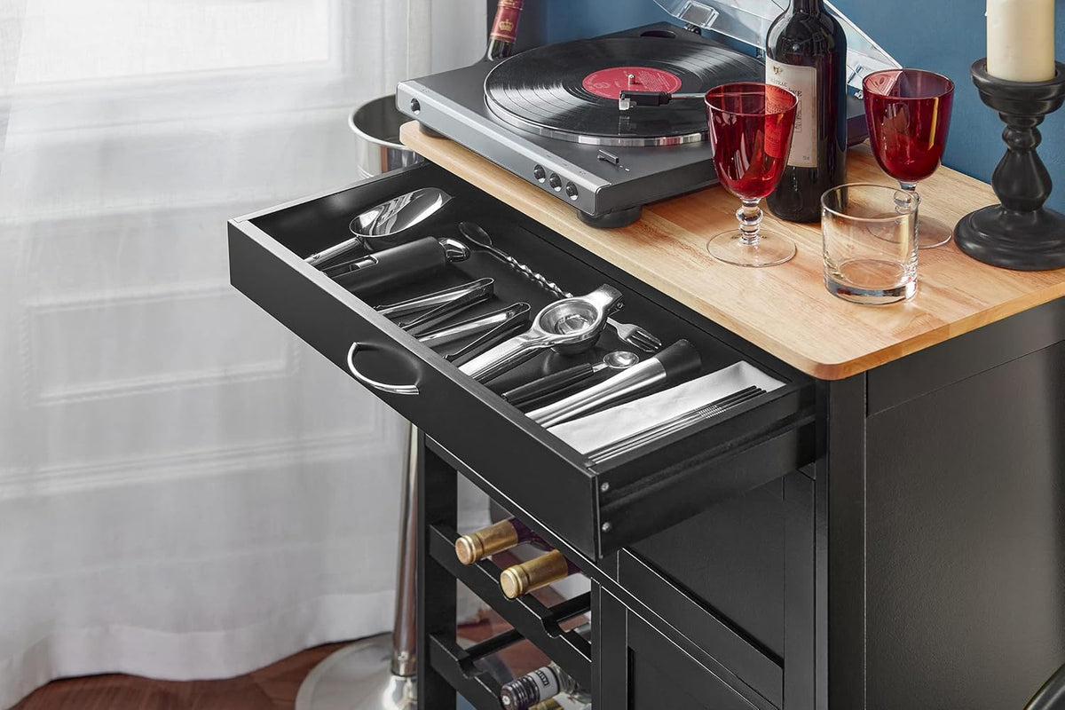 SoBuy Carrito de servicio con ruedas, carrito de cocina con encimera, carrito auxiliar con cajones, botellero, isla de cocina, estante de cocina de pie, mueble para cocina, comedor y exterior, negro, 67x86x38 cm, FKW45-SCH