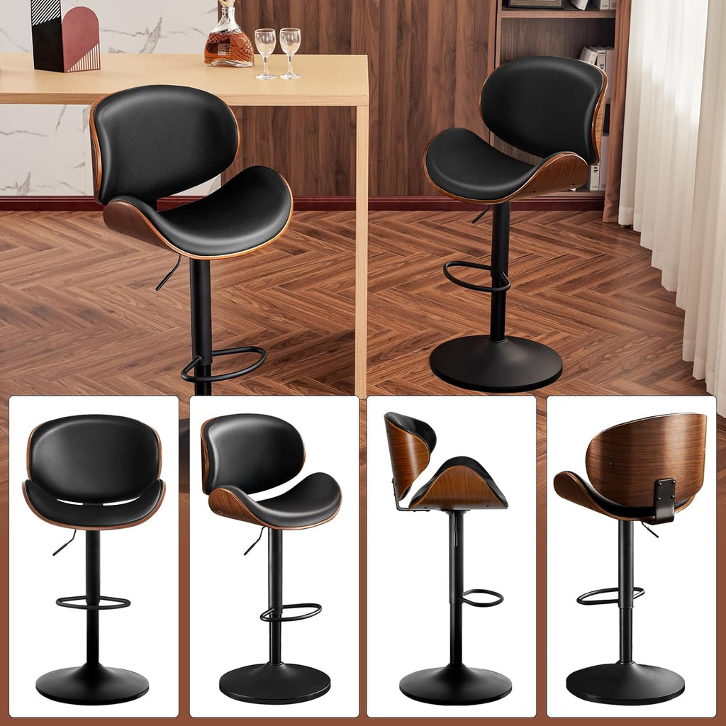 Set de 2 taburetes de bar, silla de bar ajustable en altura de piel sintética y madera maciza, silla giratoria 360° con respaldo y reposapiés para cocina, sala de estar, comedor, bar, negro