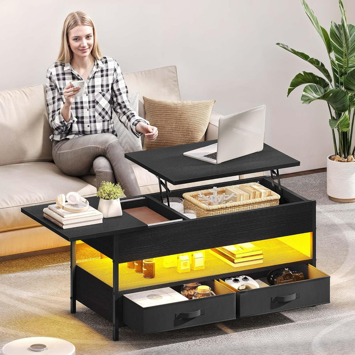 Mesa de centro elevable YITAHOME, mesa de salón con compartimento de almacenamiento oculto para sala de estar u oficina, mesa de centro con almacenamiento, 2 cajones y tira de luz LED, 106 x 50 x 51,5 cm