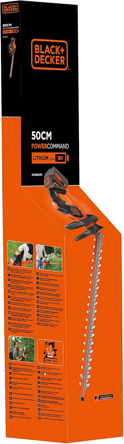Black+Decker GTC18504PC akumulatorowe nożyce do żywopłotu (18 V, 4,0 Ah, funkcja zapobiegająca blokowaniu, długość miecza 50 cm, grubość cięcia 18 mm, do średnich żywopłotów)